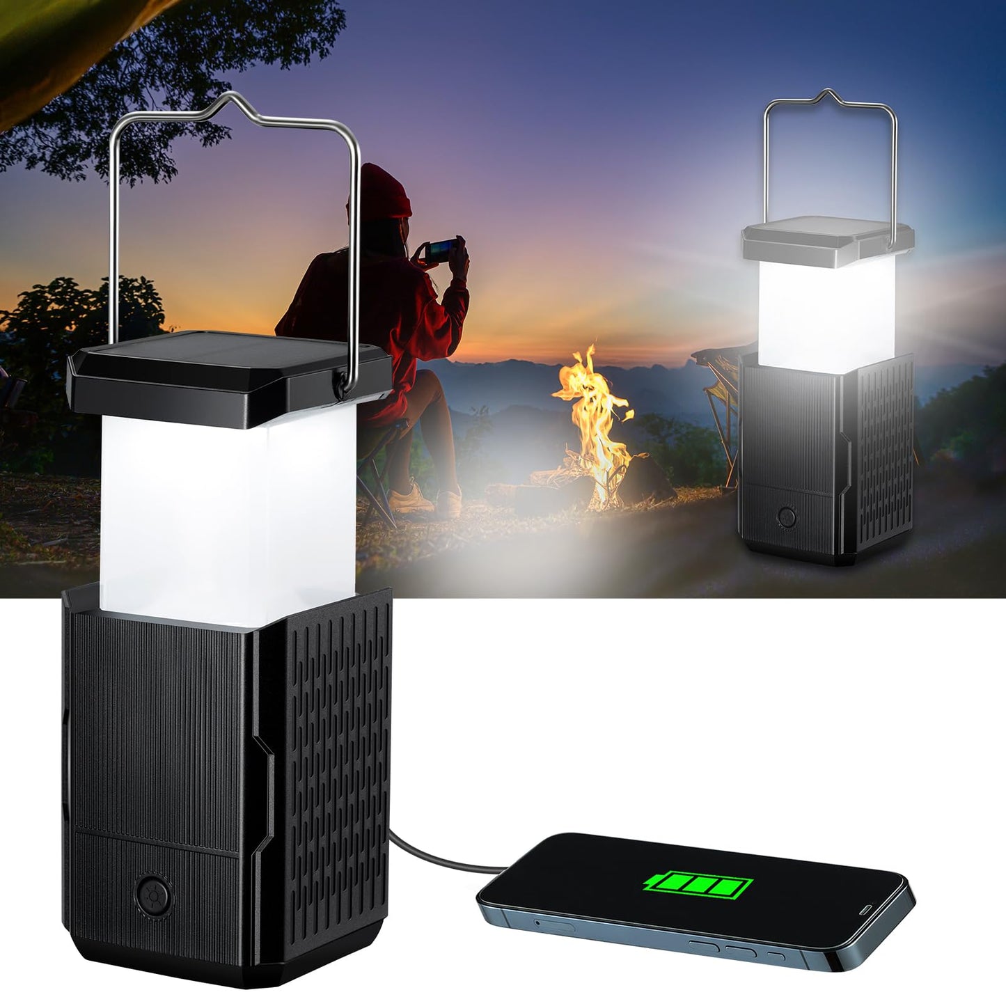 Camping Lantern Rechargeable, Hand Crank & Solar Camping Lights with USB Output, Tent Lights for Camping, Portable Camp Lamp, Camping Hurricane Home Power Failure Essentials (Black, 1 Pack)