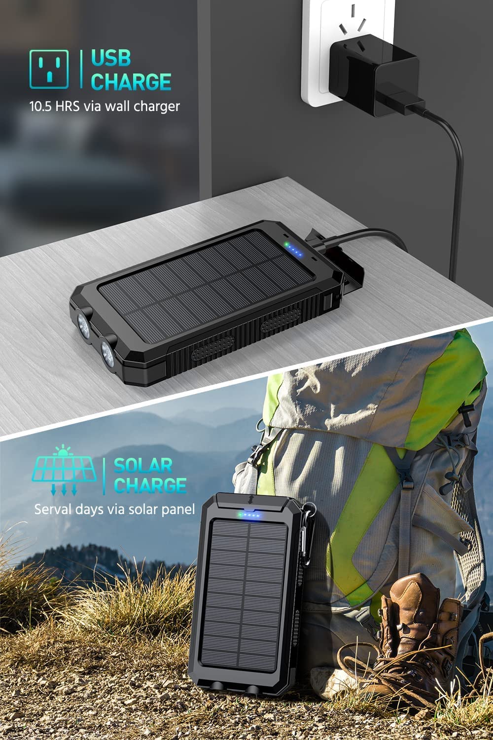 Mregb Power Bank,Solar Charger,36800mAh 5V3.1A QC 3.0 Dual 2 USB Port Built-in Powerful Flashlight IPX7(Black)