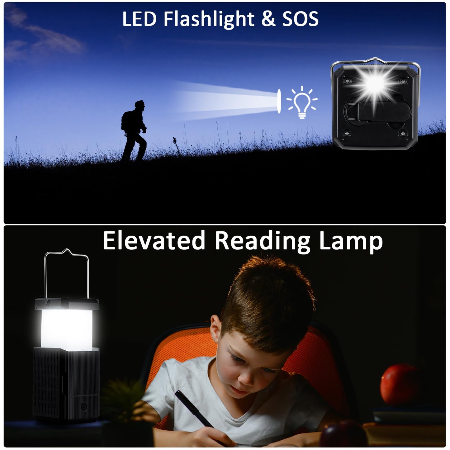 Camping Lantern Rechargeable, Hand Crank & Solar Camping Lights with USB Output, Tent Lights for Camping, Portable Camp Lamp, Camping Hurricane Home Power Failure Essentials (Black, 1 Pack)