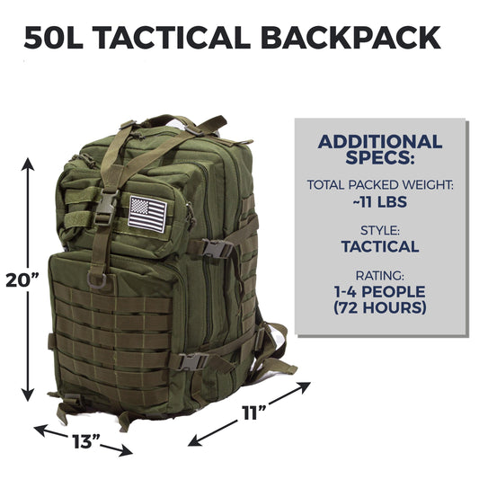 Bug Out Bag Starter Kit - 72 Hour Emergency Kit for 1 Person – Backpack Survival Kit – 50L Tactical Backpack, US Made Food & Water, Medical Supplies & Survival Tools
