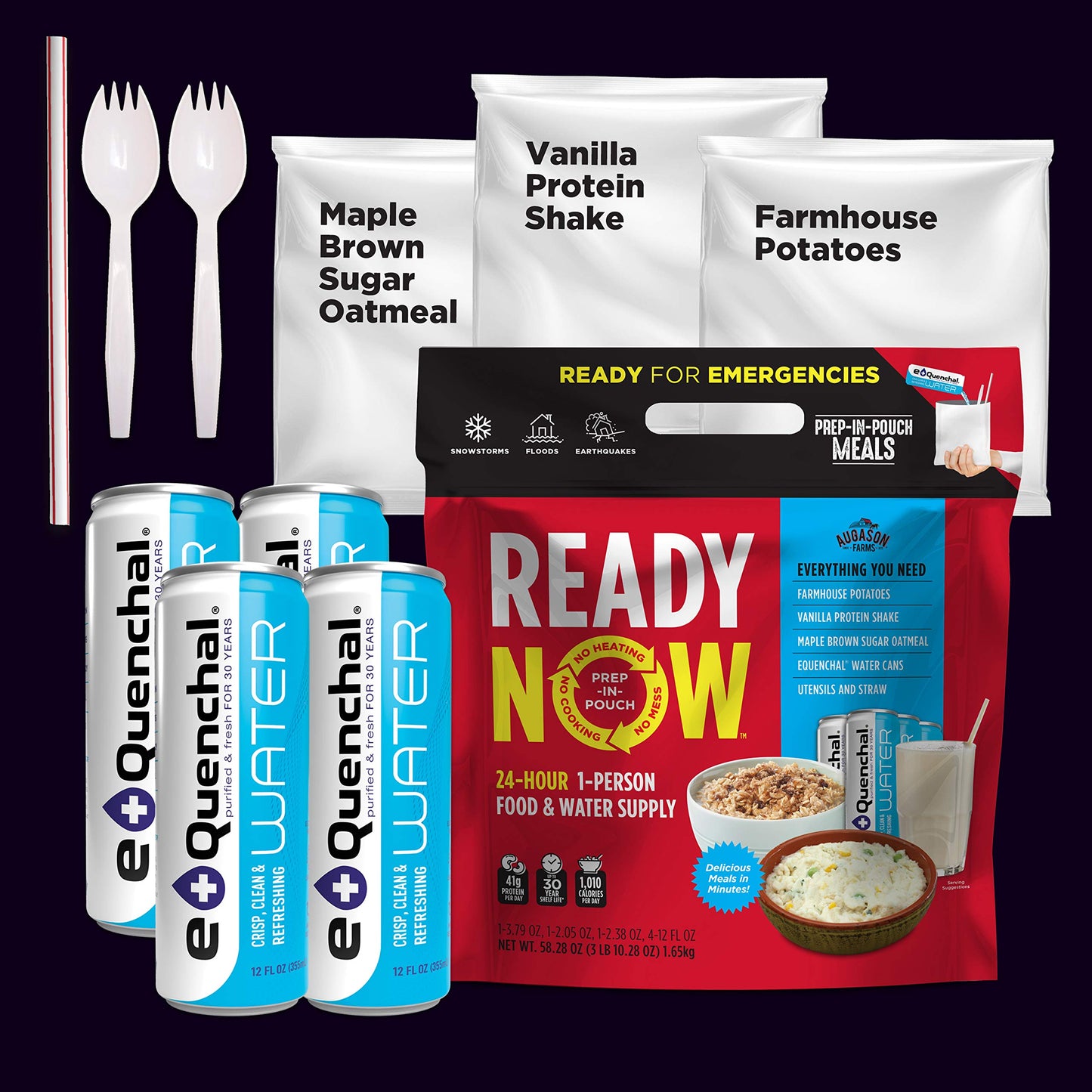 Augason Farms Ready Now Emergency Food Supply with Farmhouse Potatoes | Includes Emergency Water and Utensils | Prep-in-Pouch Meals | Camping Mess Kit | 25-Year Shelf Life