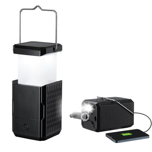 Camping Lantern Rechargeable, Hand Crank & Solar Camping Lights with USB Output, Tent Lights for Camping, Portable Camp Lamp, Camping Hurricane Home Power Failure Essentials (Black, 1 Pack)
