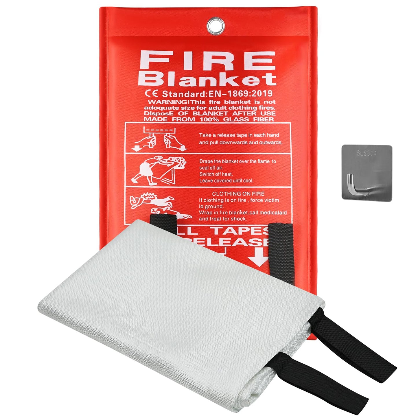 Fire blanket with red packaging and instructions on a white background
