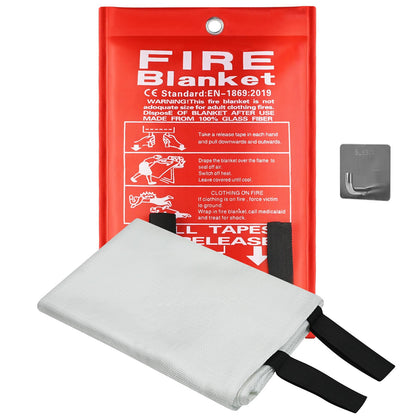 Fire blanket with red packaging and instructions on a white background