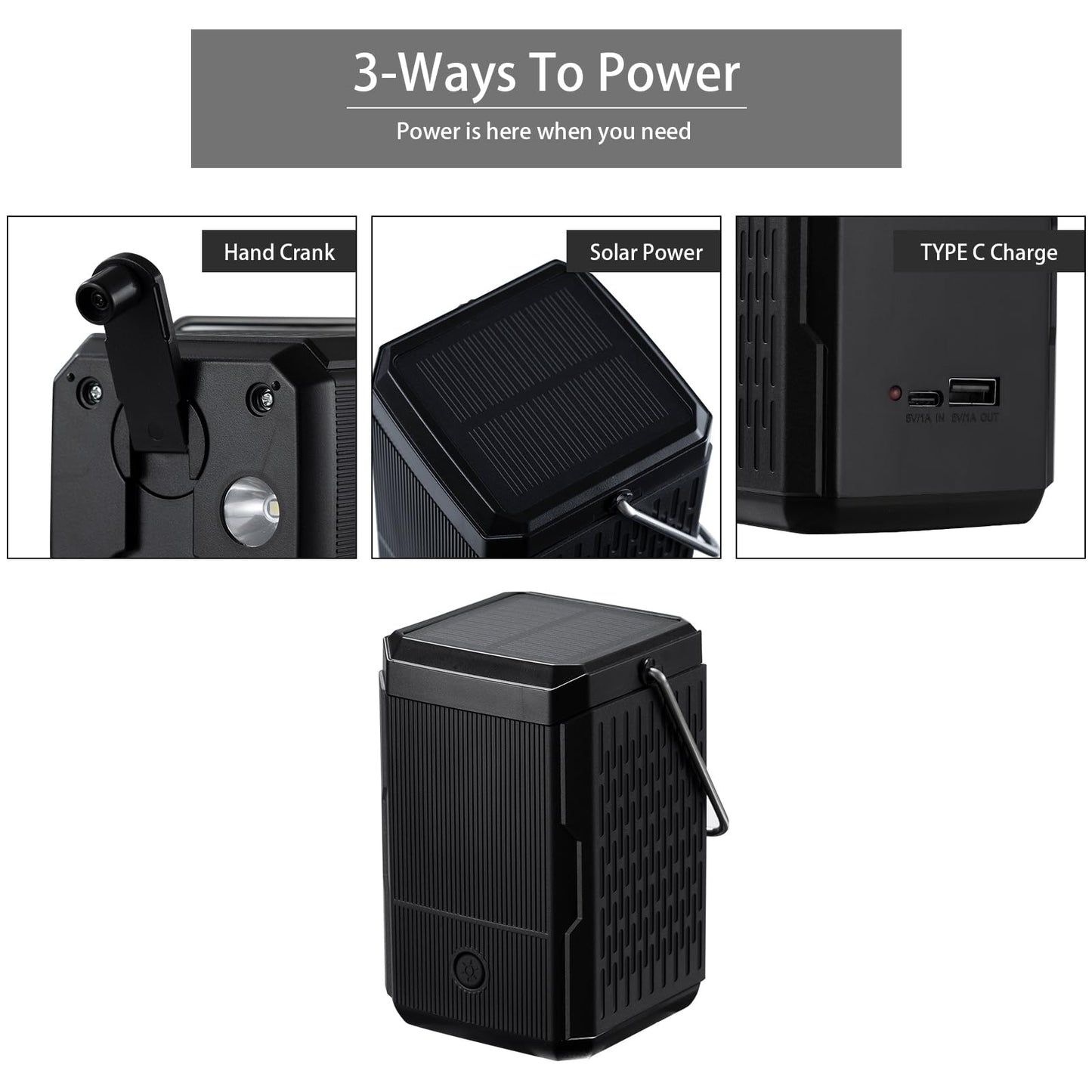 Camping Lantern Rechargeable, Hand Crank & Solar Camping Lights with USB Output, Tent Lights for Camping, Portable Camp Lamp, Camping Hurricane Home Power Failure Essentials (Black, 1 Pack)