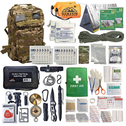 Bug Out Bag Starter Kit - 72 Hour Emergency Kit for 1 Person – Backpack Survival Kit – 50L Tactical Backpack, US Made Food & Water, Medical Supplies & Survival Tools