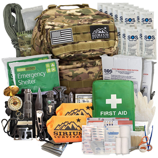 Bug Out Bag Starter Kit - 72 Hour Emergency Kit for 1 Person – Backpack Survival Kit – 50L Tactical Backpack, US Made Food & Water, Medical Supplies & Survival Tools